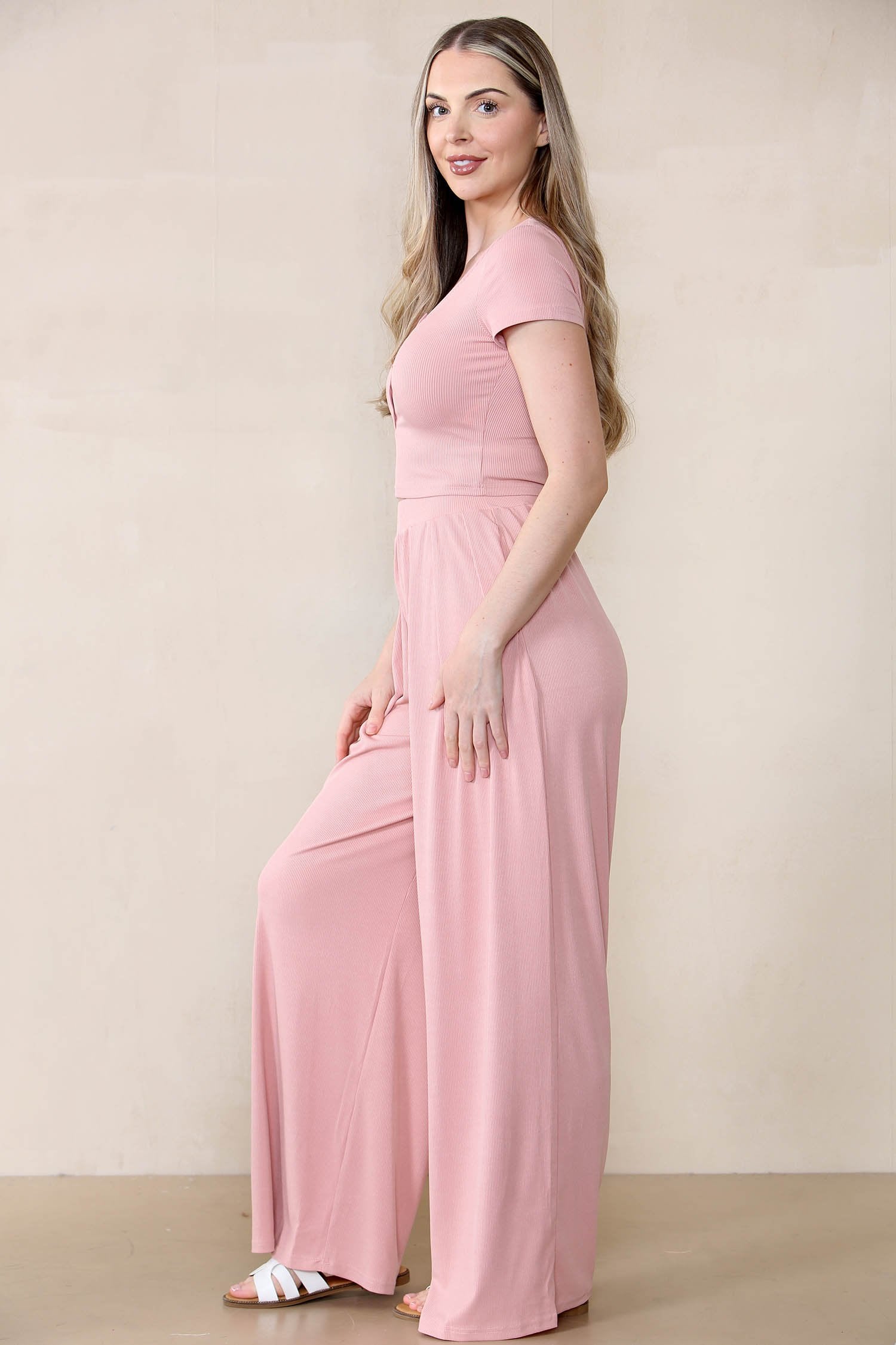 KATCH ME Women's Casual Plain Partial Button Short Sleeve Slim Top & Ruched Wide Leg Trousers Co-ord Co-ord