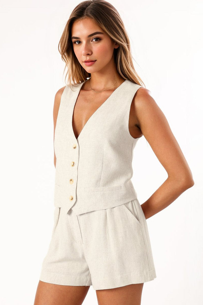 KATCH ME Plain Casual V Neck Button Tank & Wide Leg Shorts Co-ord Co-ord