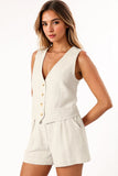 KATCH ME Plain Casual V Neck Button Tank & Wide Leg Shorts Co-ord Co-ord