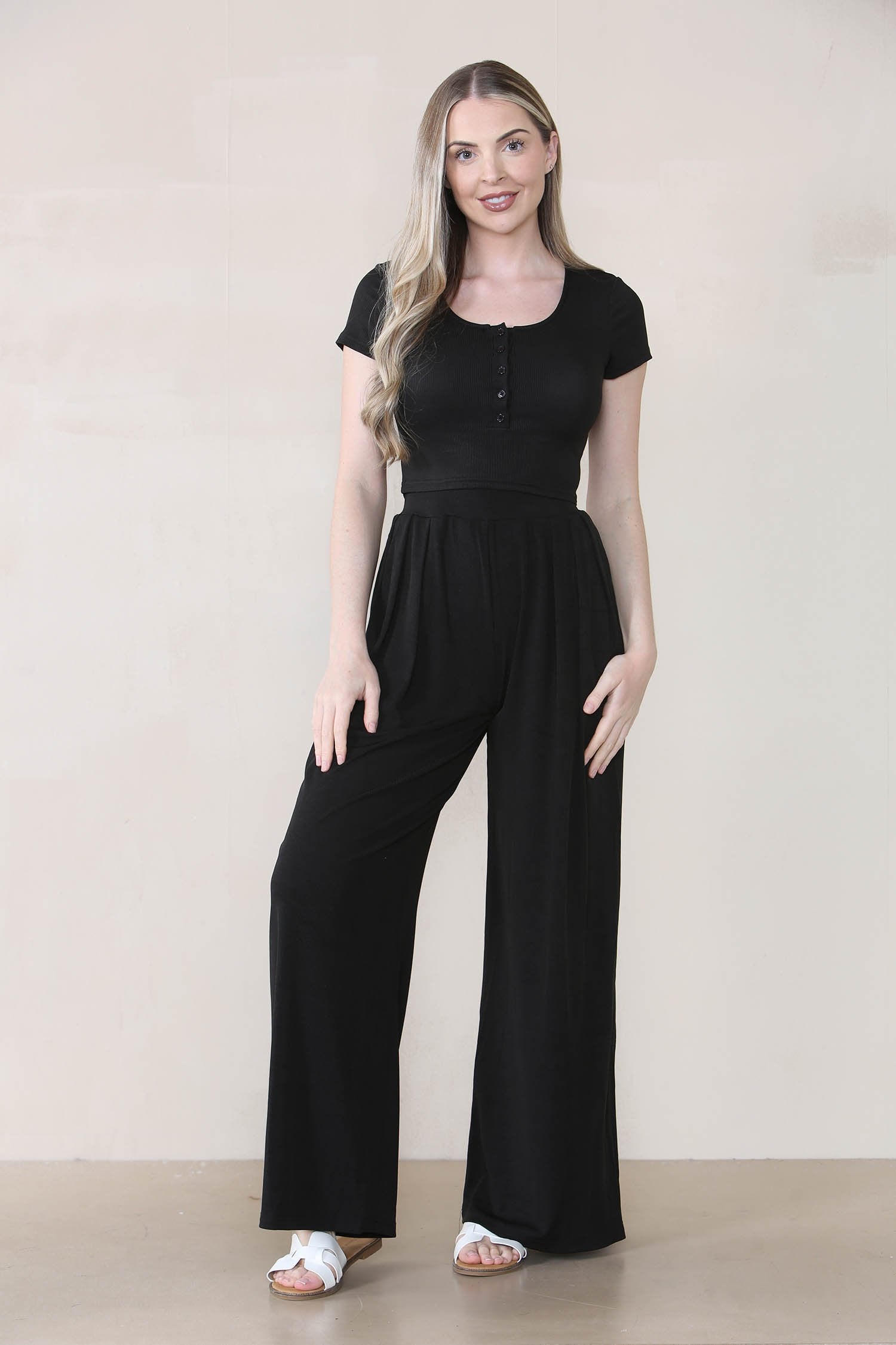 KATCH ME Women's Casual Plain Partial Button Short Sleeve Slim Top & Ruched Wide Leg Trousers Co-ord Co-ord 26.55