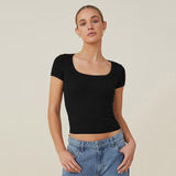 KATCH ME Women's Versatile Plain Square Neck Short Sleeve Slim Crop Top Tops