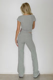 KATCH ME Grey Trendy Ribbed V Neck Short Sleeve Crop Top & Ruched Wide Leg Trousers Co-ord Co-ord
