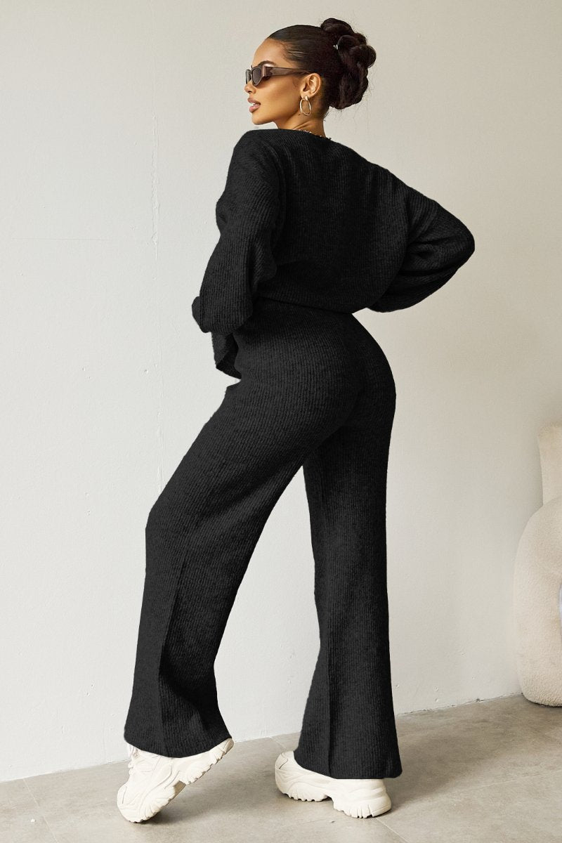 KATCH ME Women's Black Cozy Knit Scoop Neck Long Sleeve Loose Top & Stretch Trousers Co-ord Co-ord