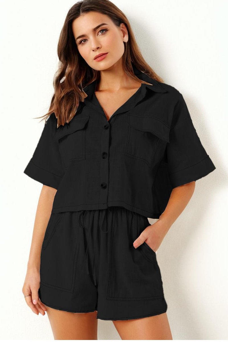 KATCH ME Women's Casual Flap Pockets Button Blouse & Elastic Waist Drawstring Shorts Co-ord Co-ord 24.99