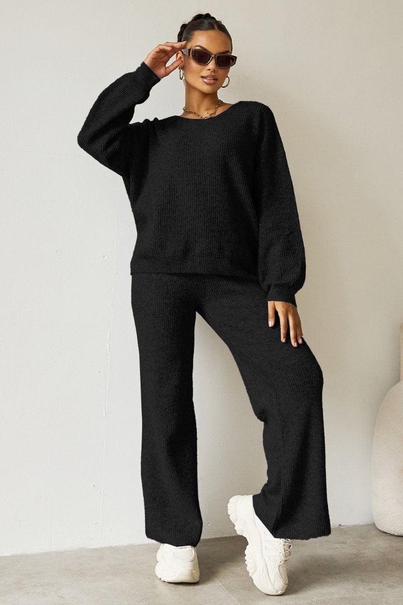 KATCH ME Women's Black Cozy Knit Scoop Neck Long Sleeve Loose Top & Stretch Trousers Co-ord Co-ord