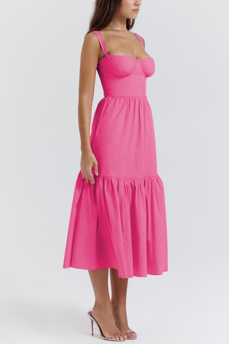 KATCH ME Fuchsia Lovely Thick Strap Pleated Pocket Slim Midi Dress Dress