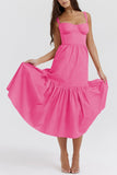 KATCH ME Fuchsia Lovely Thick Strap Pleated Pocket Slim Midi Dress Dress
