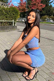 KATCH ME Blue Mesh Halter Neck Bustier Crop Top & Drawstring Bodycon Pleated Mini Skirt Co-ords 
