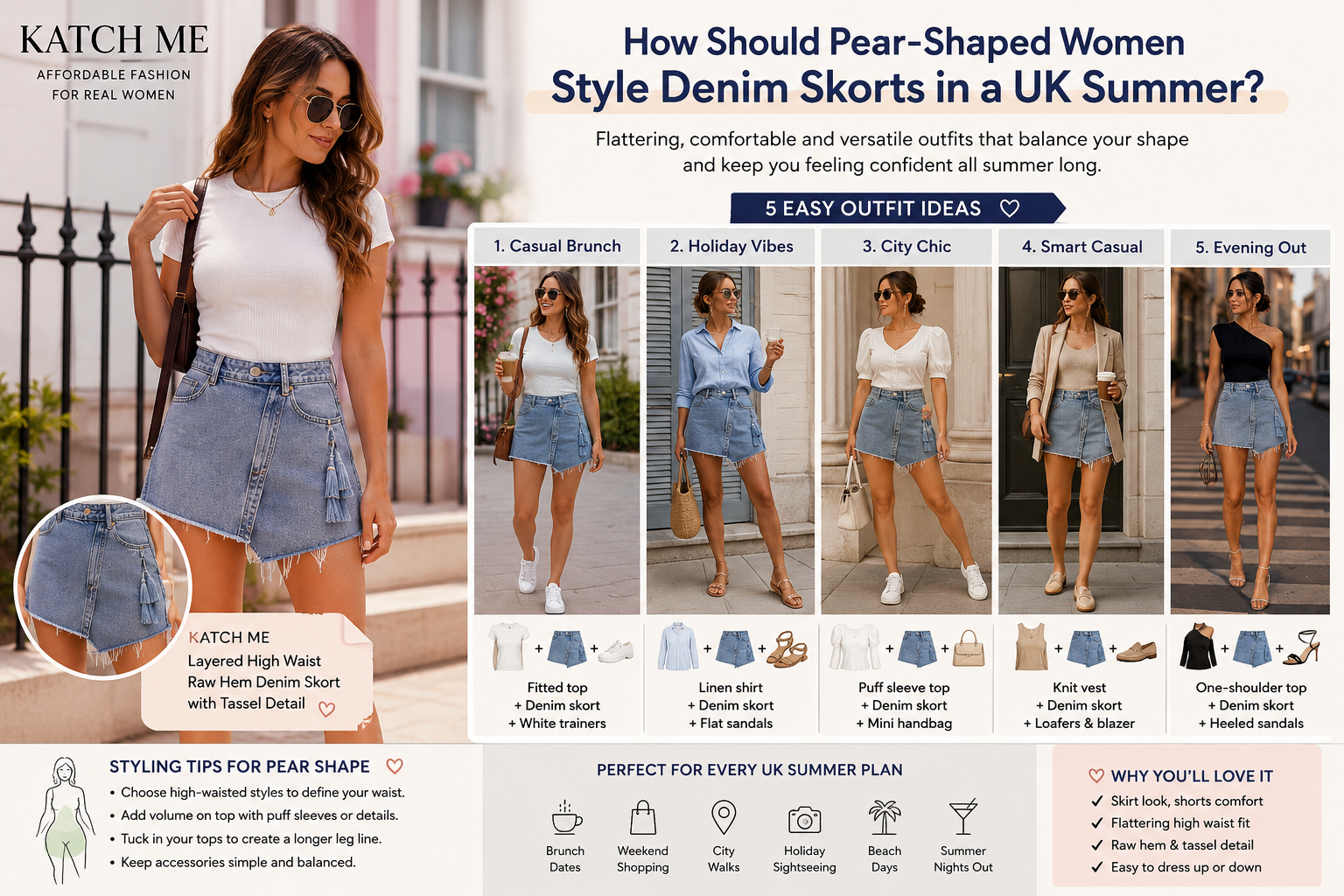 How Should Pear-Shaped Women Style Denim Skorts in a UK Summer? KATCH ME UK