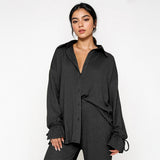 Commuter Solid Collared Tie-Up Long Sleeve Button Shirt & Wide Leg Trousers Co-ord