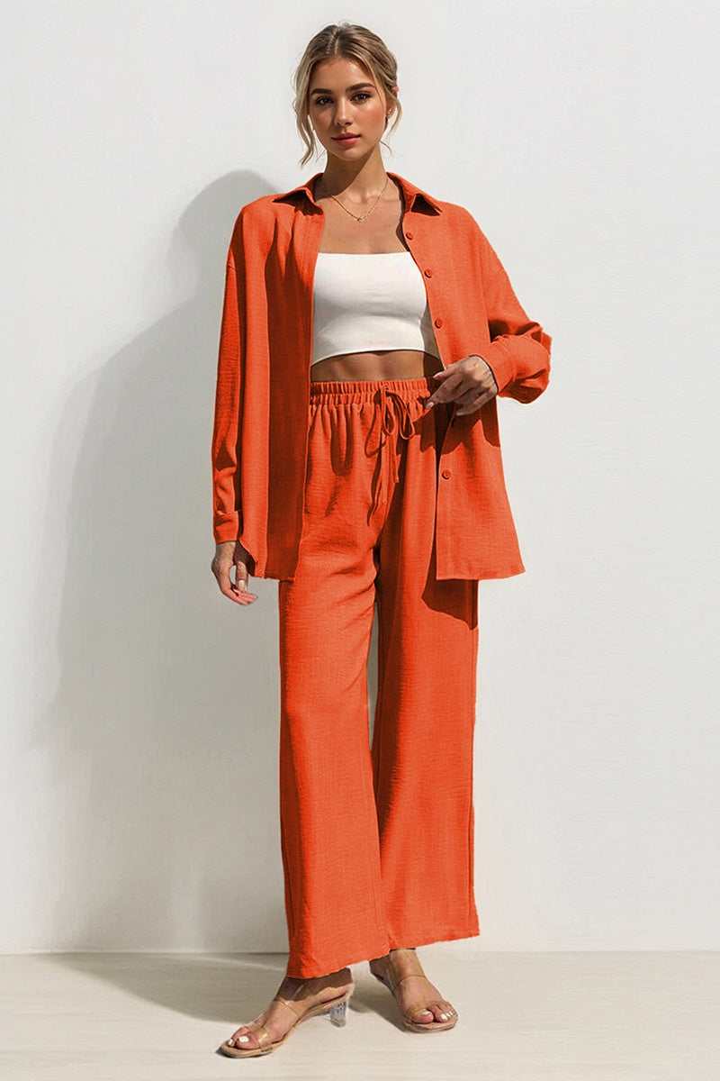 Leisure Plain Collared Long Sleeve Button Up Loose Shirt & Drawstring Wide Leg Trousers Co-ord