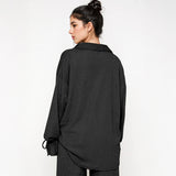 Commuter Solid Collared Tie-Up Long Sleeve Button Shirt & Wide Leg Trousers Co-ord