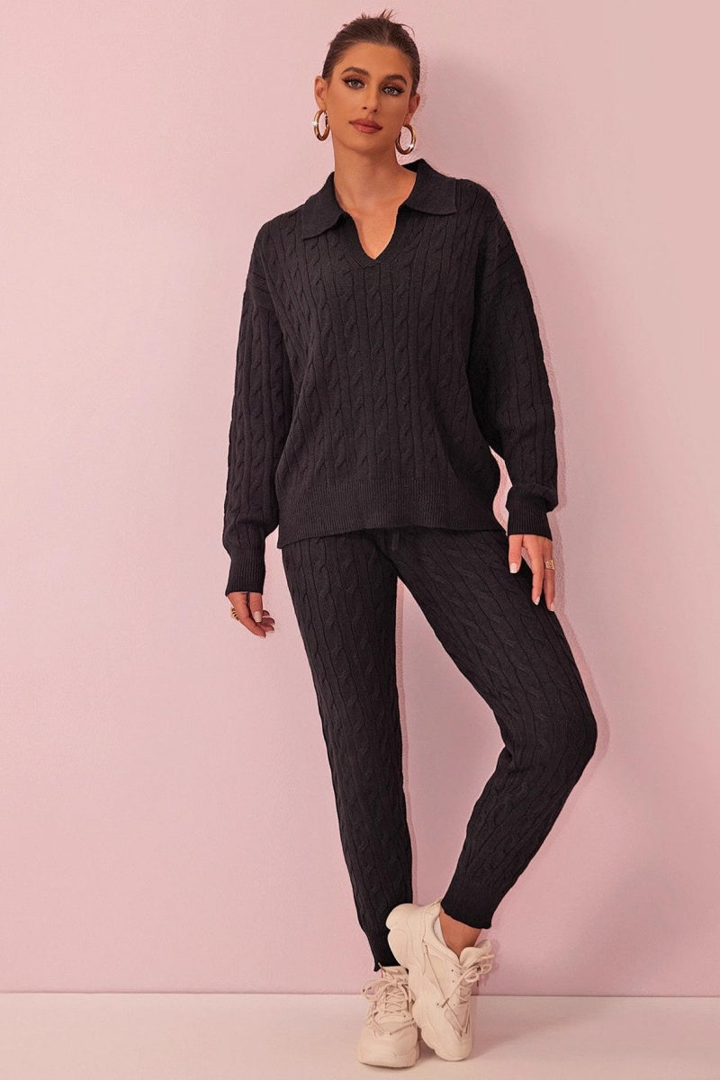 KATCH ME V Neck Cable-Knit Sweater & Drawstring Waist Pants Co-ord Set