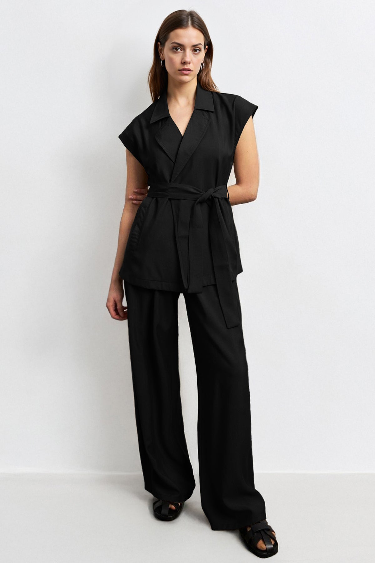 KATCH ME Notch Lapel Cap Sleeve Waist Tie Blazer Top & Wide Leg Trousers Co-ord  29.99
