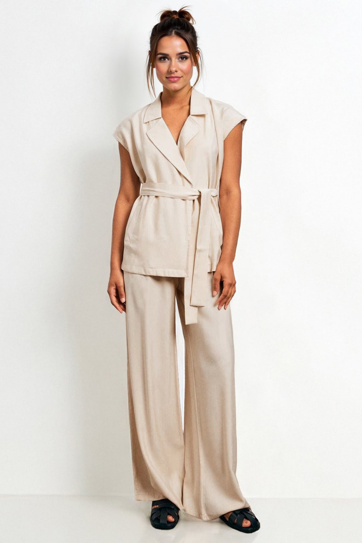 KATCH ME Notch Lapel Cap Sleeve Waist Tie Blazer Top & Wide Leg Trousers Co-ord  29.99