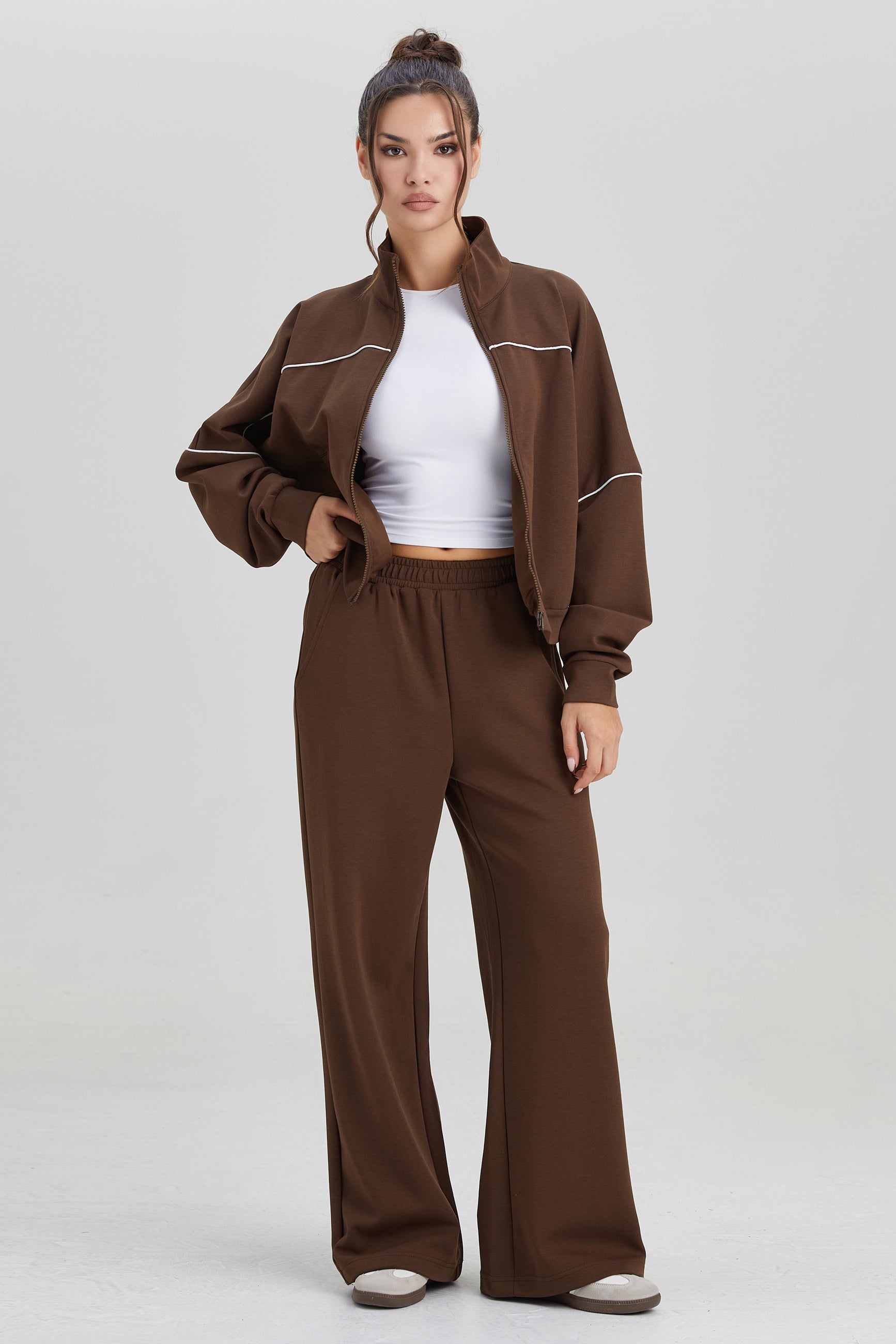 Katch Me Look Women's Basic Mock Neck Contrast Binding Long Sleeve Sweatshirt & Wide Leg Trousers Tracksuit, Sporty Zipper Co-ord Set, Soft Two Piece Outfits