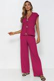 Versatile V Neck Gold-Toned Button Decor Loose Tank Top & Wide Leg Trousers Co-ord