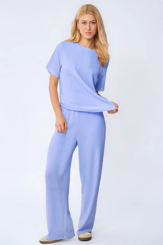 Cozy Solid Round Neck Short Sleeve Top & Wide Leg Trousers Co-ord