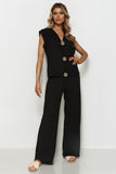 Versatile V Neck Gold-Toned Button Decor Loose Tank Top & Wide Leg Trousers Co-ord