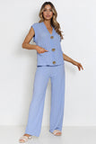 Versatile V Neck Gold-Toned Button Decor Loose Tank Top & Wide Leg Trousers Co-ord