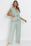 Versatile V Neck Gold-Toned Button Decor Loose Tank Top & Wide Leg Trousers Co-ord