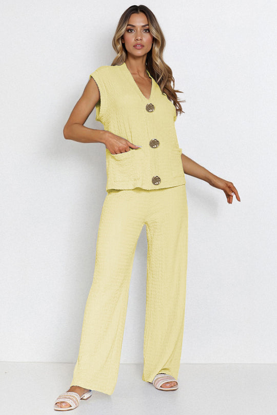Versatile V Neck Gold-Toned Button Decor Loose Tank Top & Wide Leg Trousers Co-ord