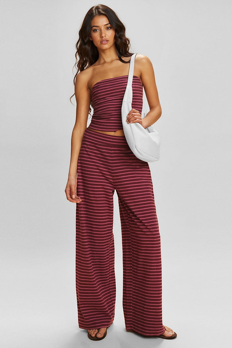 KATCH ME Striped Tube Top & Low-Rise Wide Leg Trousers Co-ord Set