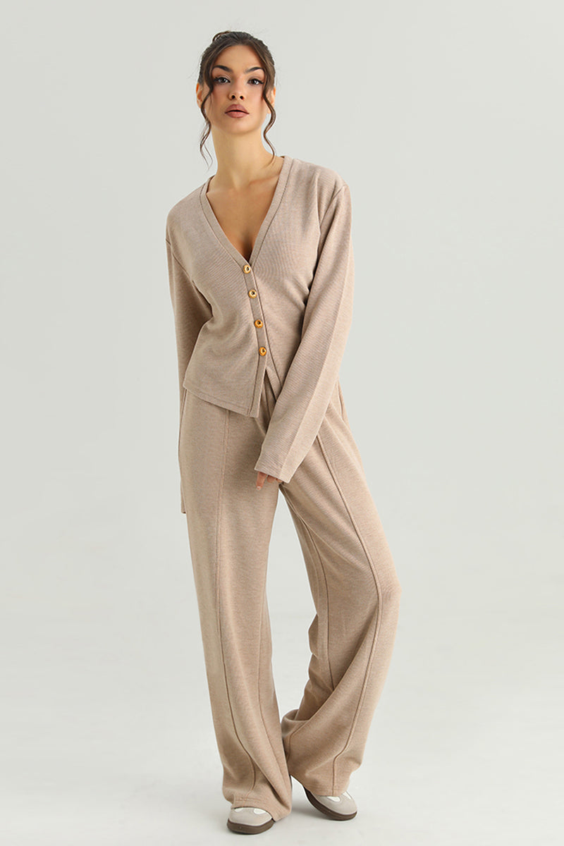 KATCH ME V-Neck Button Tailored Top & High Waist Wide Leg Trousers Co-ord Set