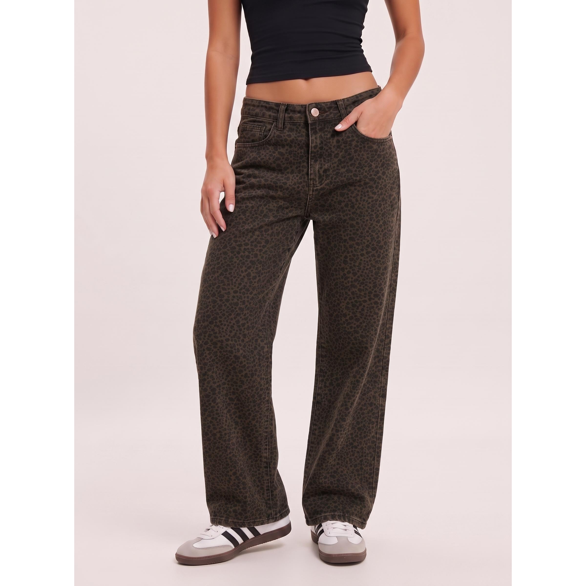 KatchMe Women's Vintage Leopard Print Mid-Rise Wide Leg Jeans, Stretch Denim Casual Trousers, Durable Wrinkle-Resistant Multi-Pocket Streetwear, Soft Daily Bottoms