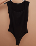 KATCH ME Black Versatile Sleeveless Stretchy Square Neck Workout Slim Bodysuit Bodysuit