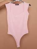 KATCH ME Pink Versatile Sleeveless Stretchy Square Neck Workout Slim Bodysuit Bodysuit