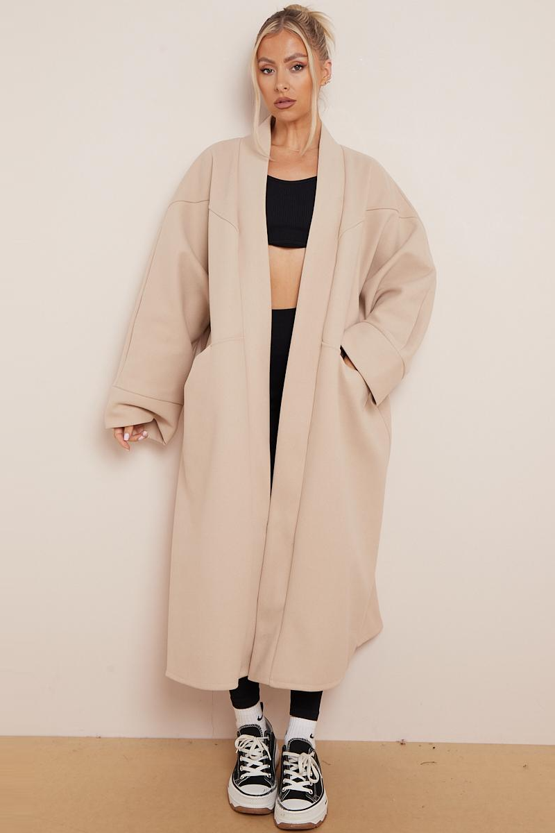 Katchme Thermal Soft Solid Color Exposed Stitches Pocket Open Front Oversize Coat
