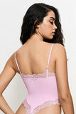 Sexy Solid Color Spaghetti Strap Lace Trim Stretch Bodysuit