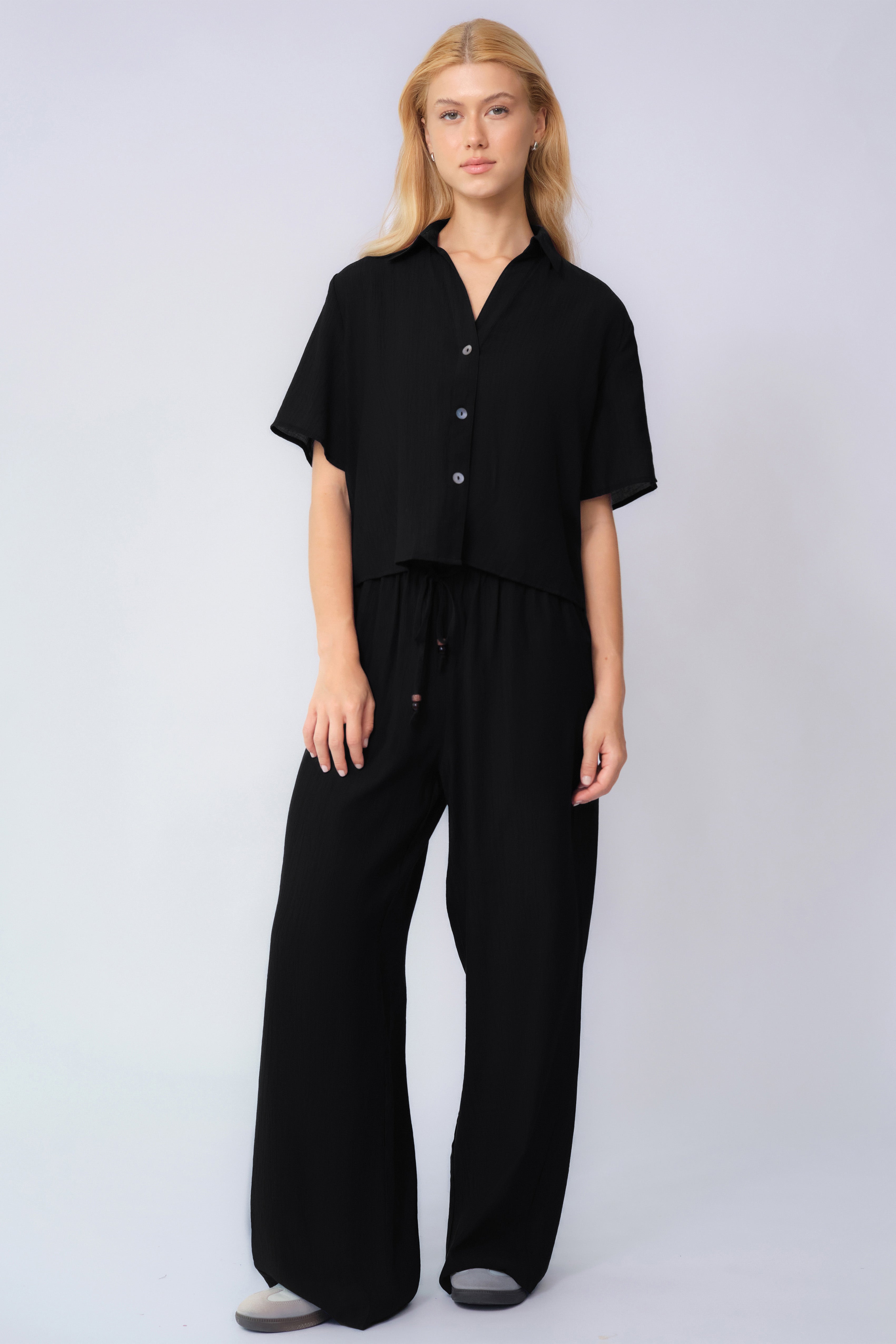 KATCH ME Collared Shell Button Loose Top & Drawstring Wide Leg Trousers Co-ord Set