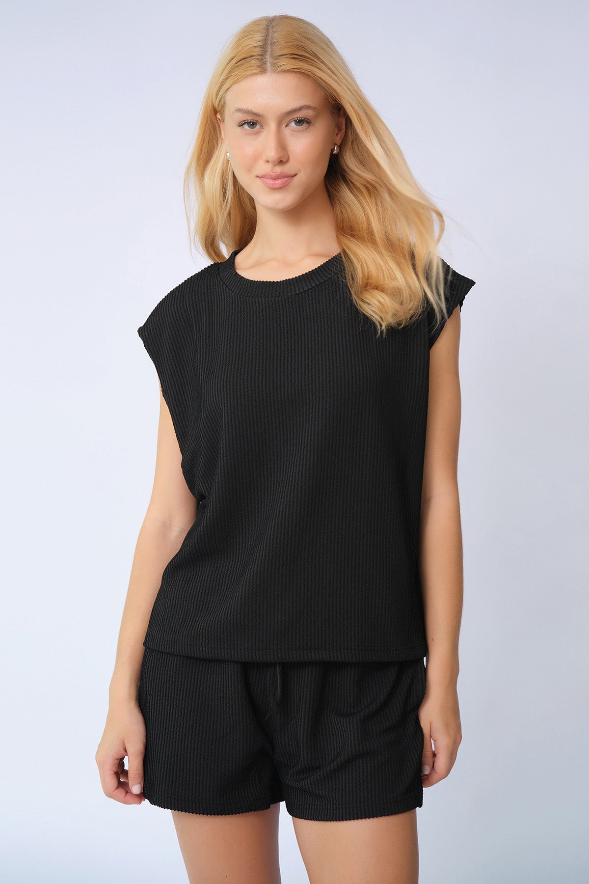 KATCH ME Pinstripe Cap Sleeve Loose Top  & Drawstring Decor Shorts Co-ord  23.99