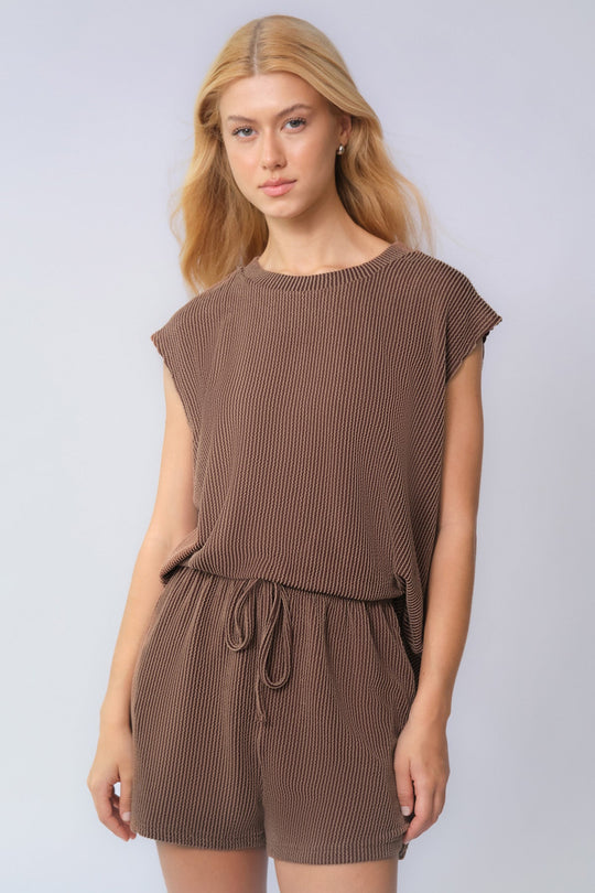 Pinstripe Cap Sleeve Loose Top  & Drawstring Decor Shorts Co-ord