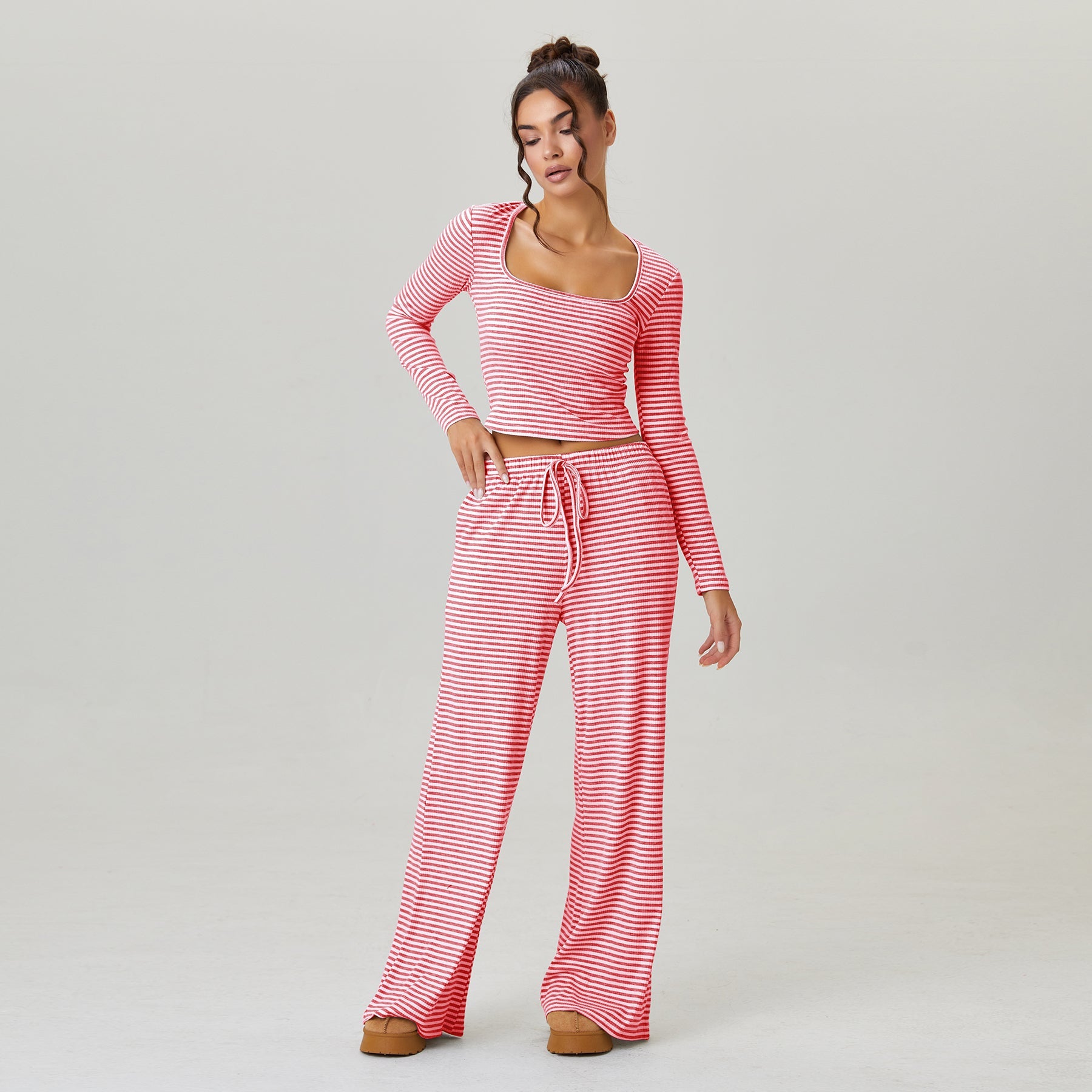KATCH ME KatchMe Slouchy Stripe Long Sleeve Crop Top & Low-Rise Trousers Co-ord