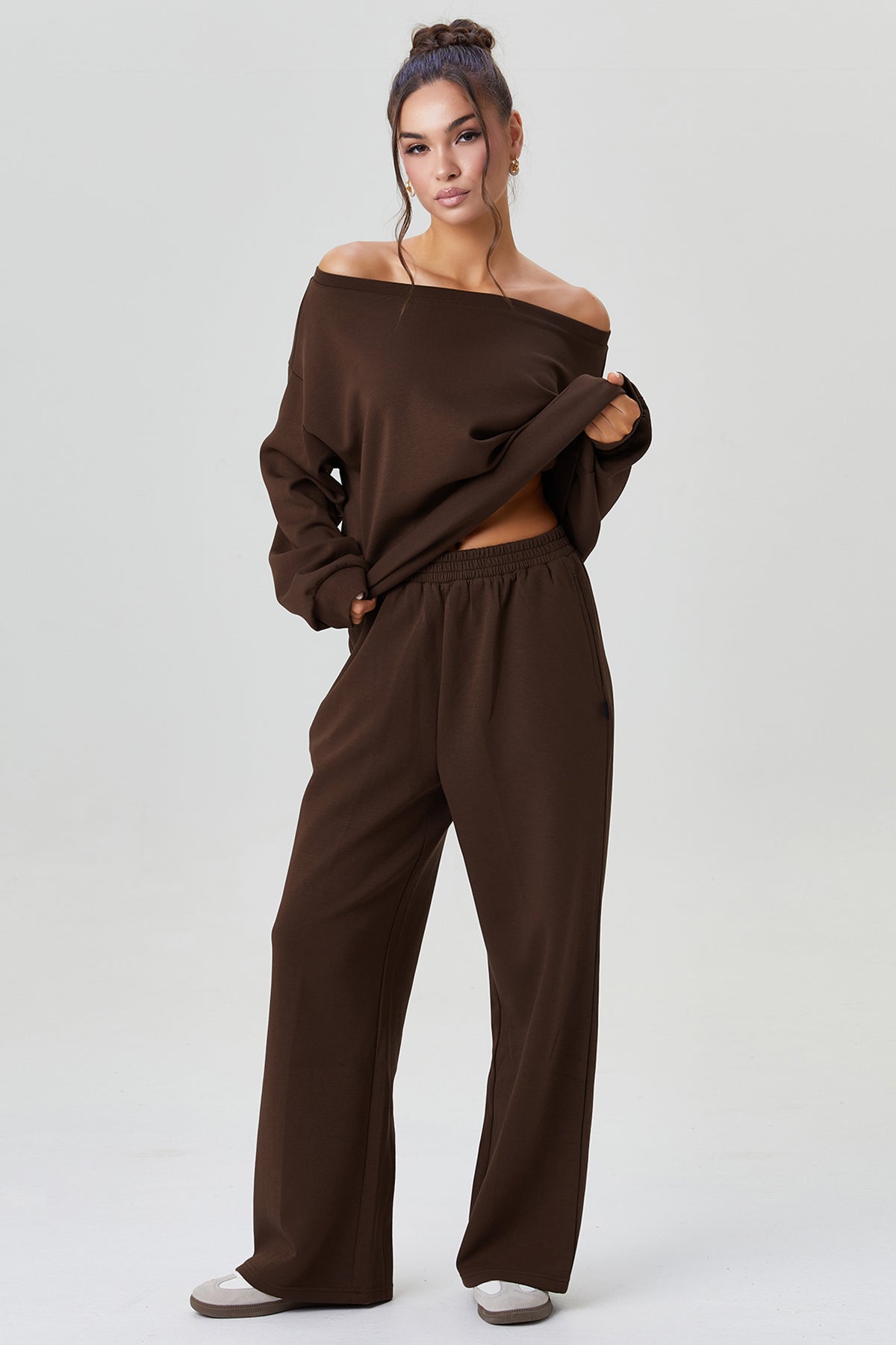 KATCH ME Sloping Shoulder Long Sleeve Top & Wide Leg Trousers Co-ord Set