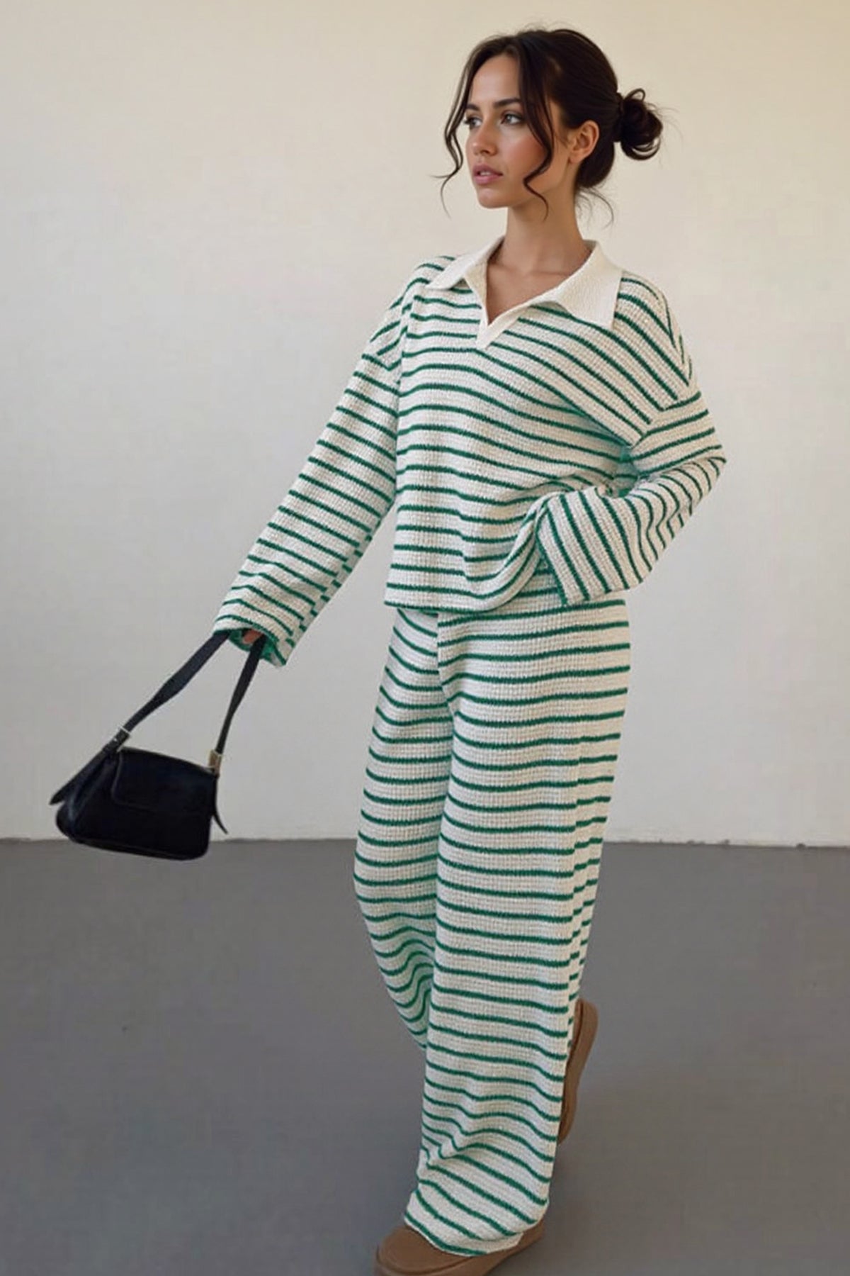 KATCH ME Classic V-Neck Stripe Long Sleeve Top & Wide Leg Trousers Co-ord Set