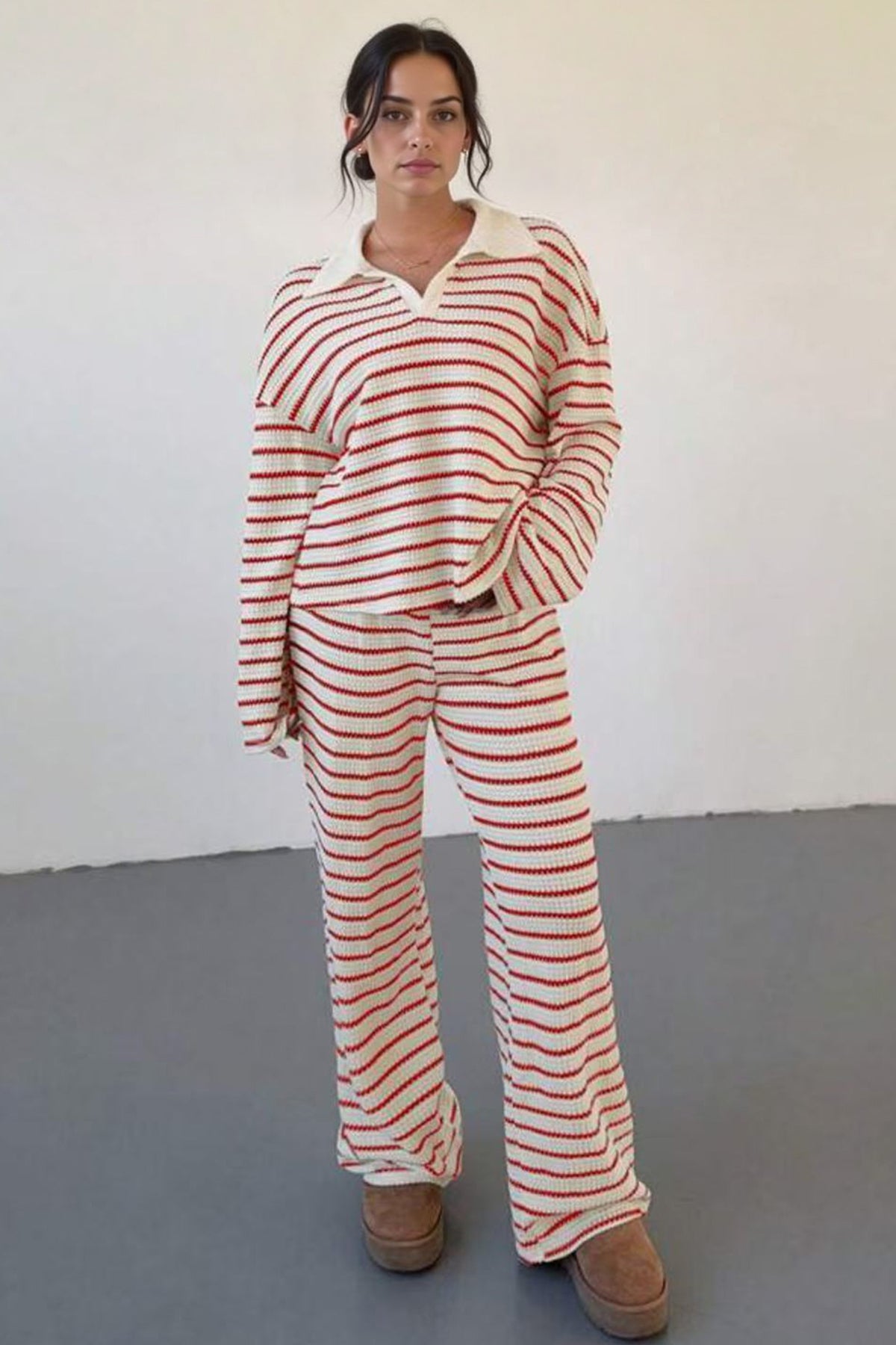 KATCH ME Classic V-Neck Stripe Long Sleeve Top & Wide Leg Trousers Co-ord Set