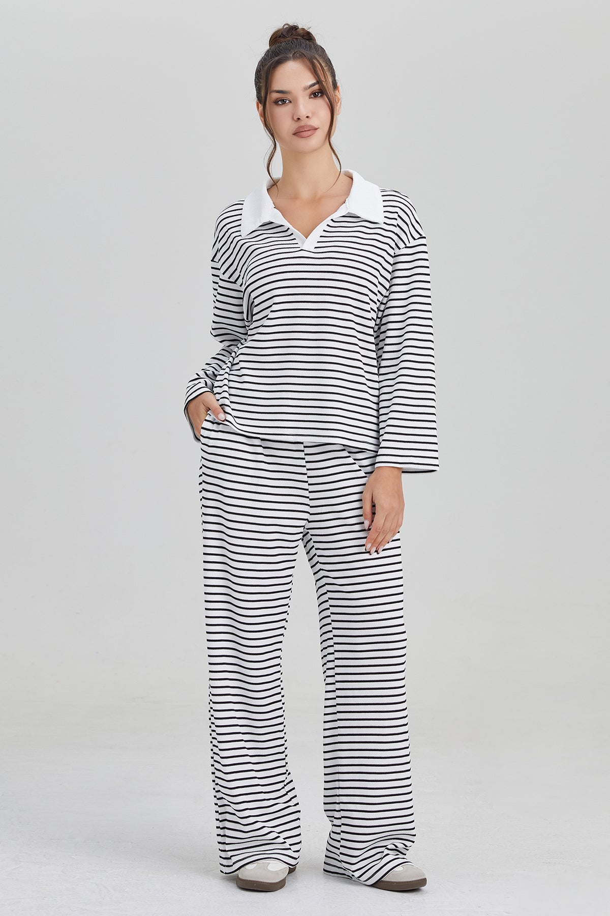 KATCH ME Classic V-Neck Stripe Long Sleeve Top & Wide Leg Trousers Co-ord Set