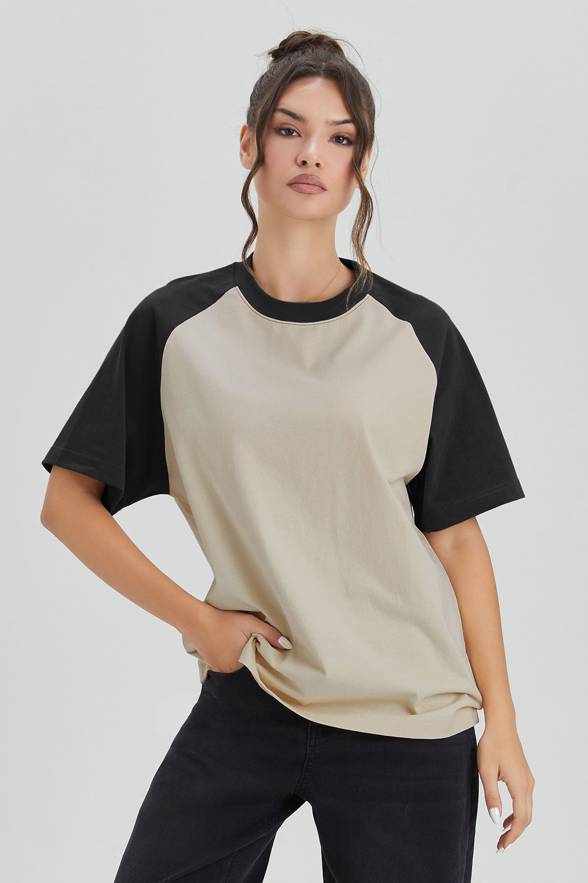KatchMe Classic Round Neck Color-Matching Loose Summer Short Sleeve Top