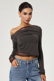 KatchMe Chic Sloping Shoulder Semi-Sheer Lace Slim Top