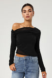 KatchMe Chic Sloping Shoulder Semi-Sheer Lace Slim Top