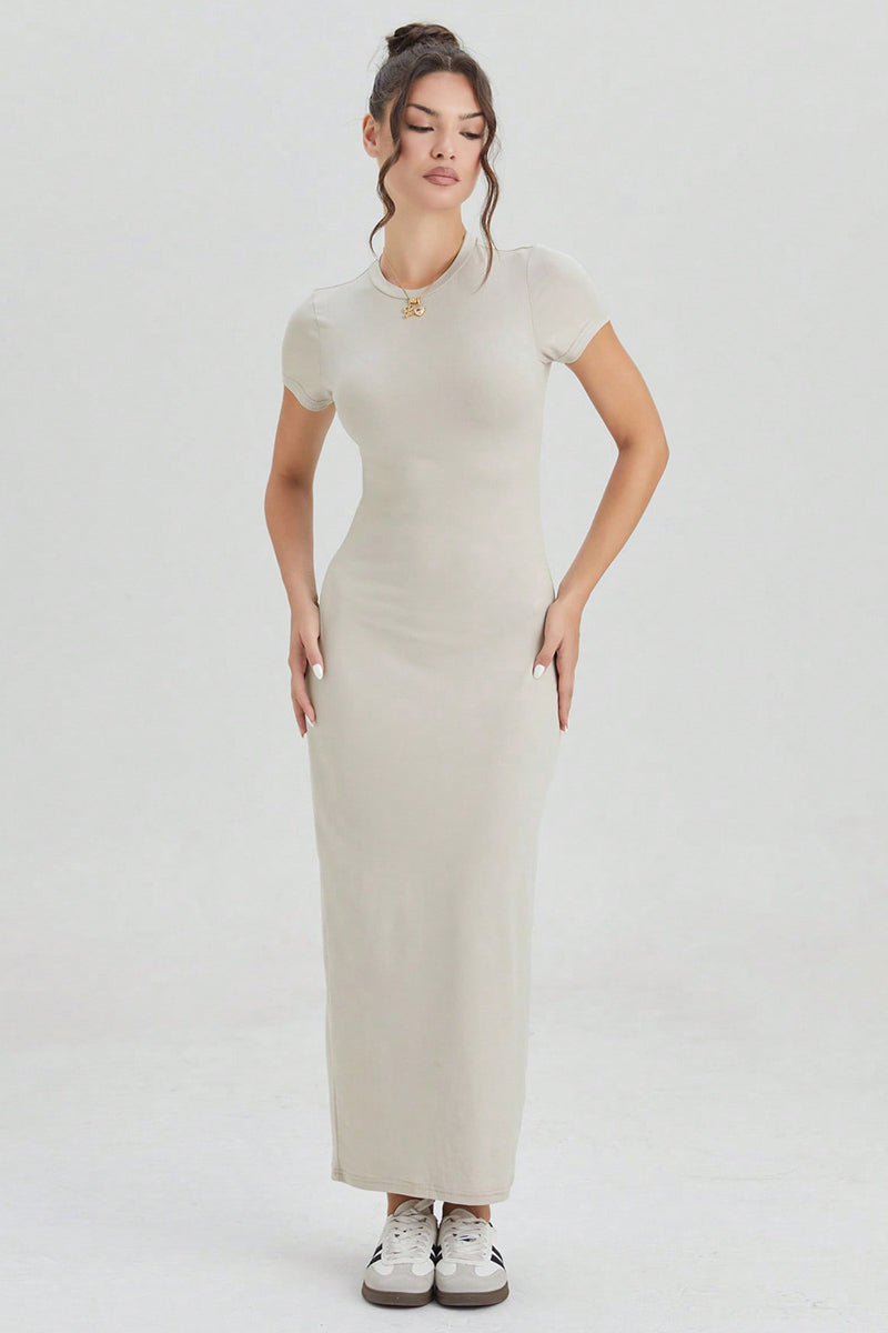 Katchme Plain Round Neck Short Sleeve Bodycon Maxi Dress