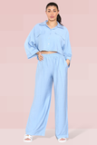Blue Versatile Half Sleeve Button Crop Top & Elastic Waist Trousers Co-ord