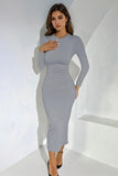 Elegant Solid Round Neck Long Sleeve Slinky Maxi Dress