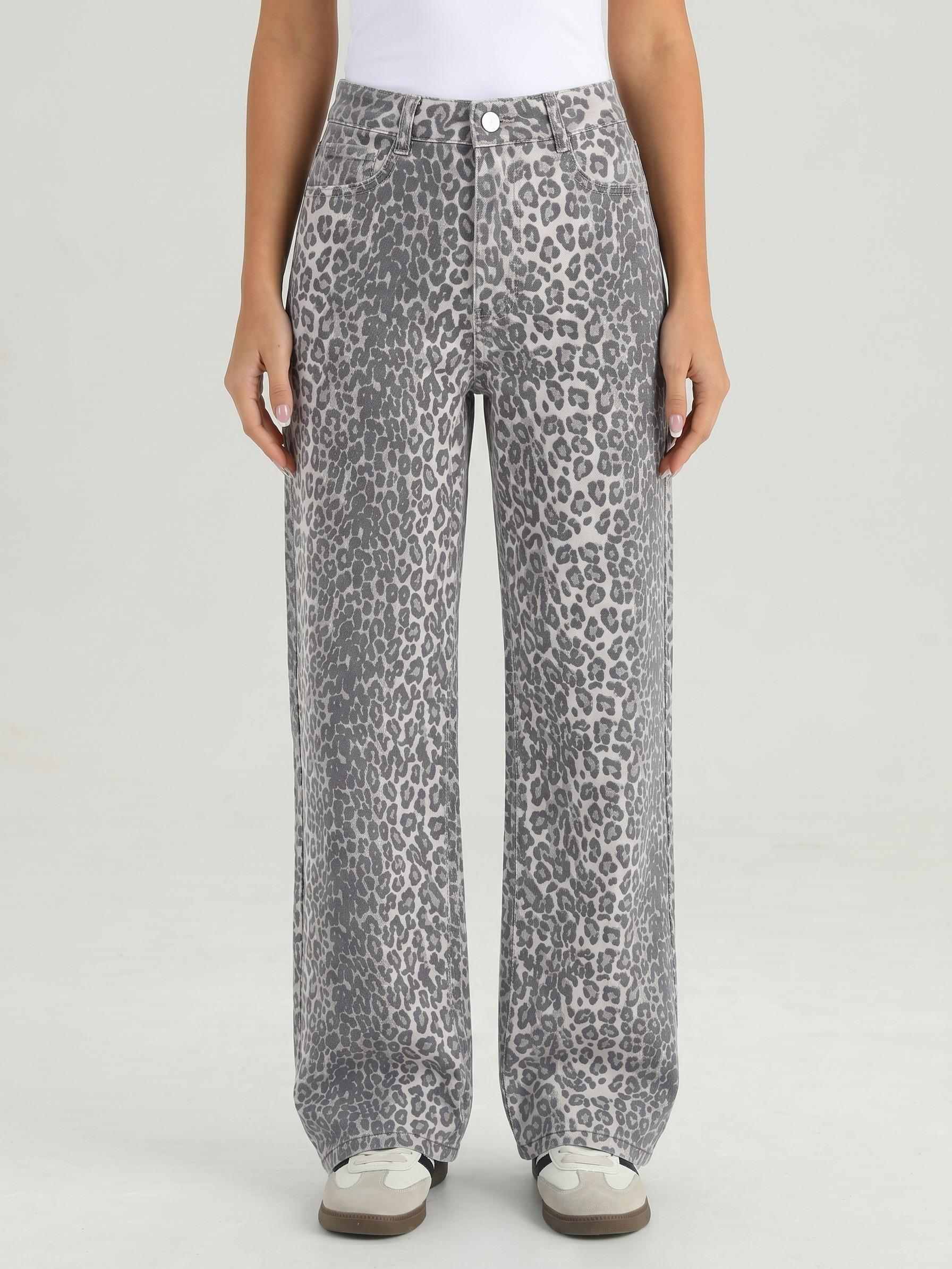 Katch Me Look Women's Vintage Leopard Print High Waist Multi-Pocket Wide Leg Jeans, Casual Stretchy Durable Denim Loose Bottom, Street Style Wrinkle-Resistant Trousers