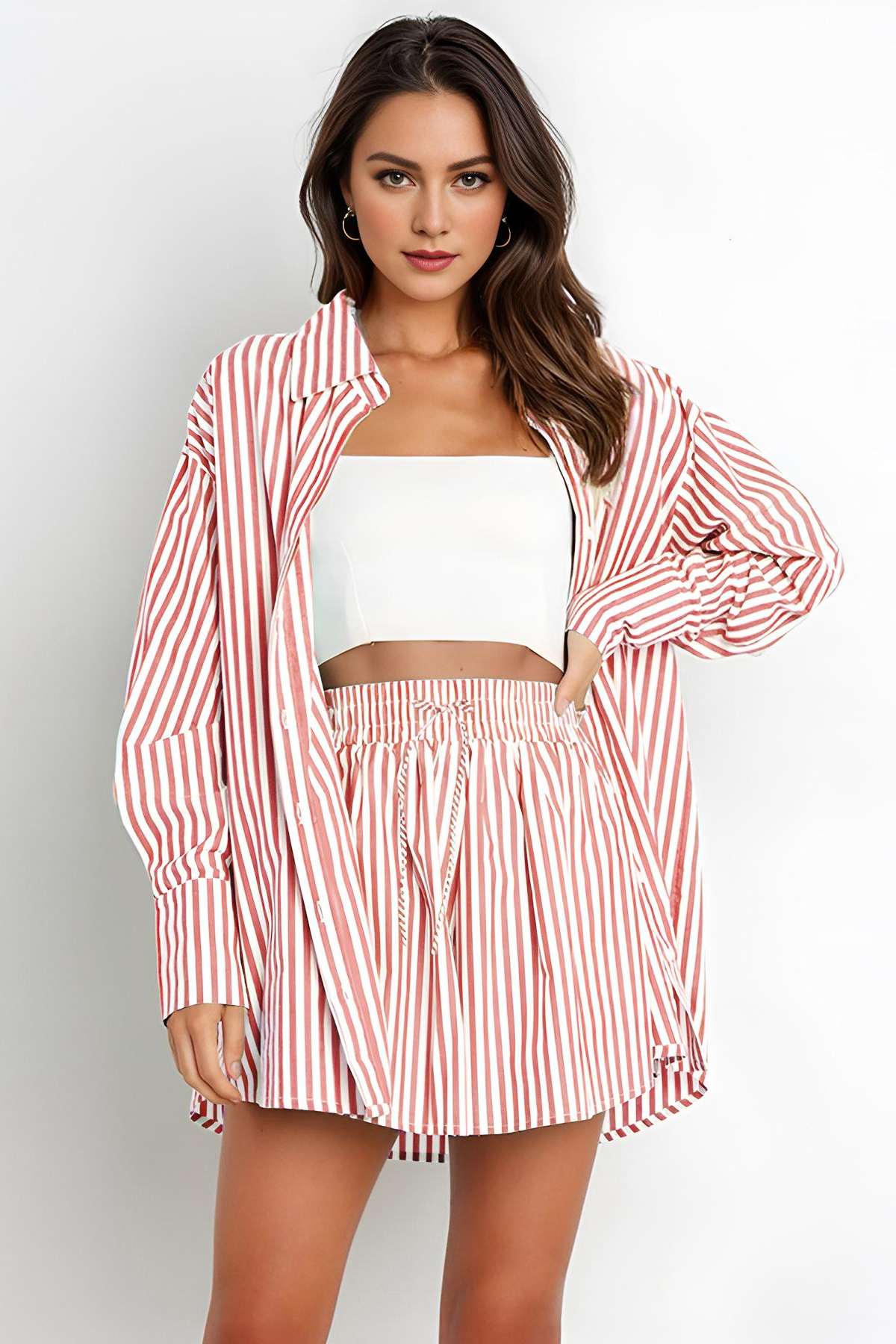 Katchme Stripe Collared Button-Up Shirt Drawstring Shorts Co-ord Set