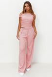Solid Sloping-Shoulder Shirred Slim Top & Wide-Leg Trousers 2-Piece Co-ord Set